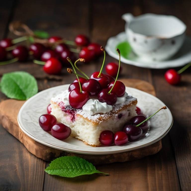 O farfurie cu o prajitura cu cirese delicioasa cu blat pufos si zahar pudra deasupra